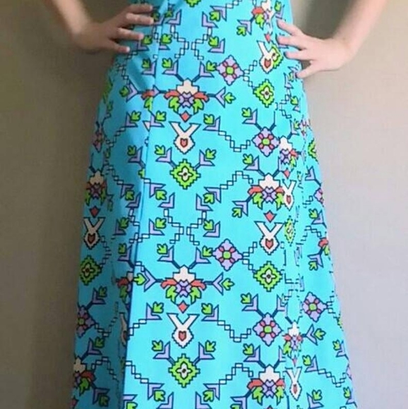 60's Cheongsam Turquoise Aztec Designer Dress - Picture 8 of 9
